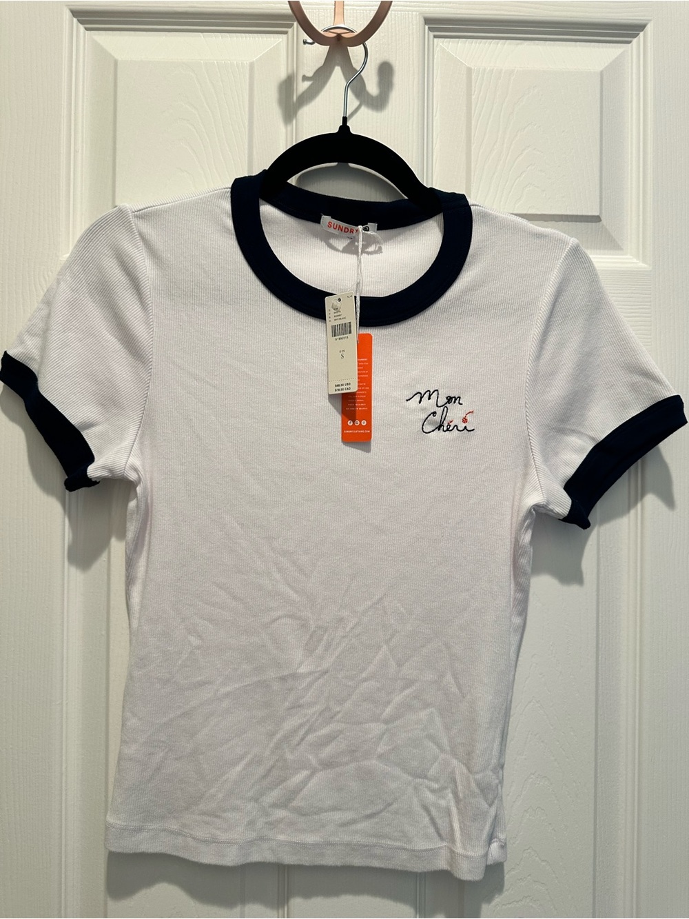 'Mon Chéri' Sundry Anthropologie White & Black Ribbed Ringer Tee - NWTS size